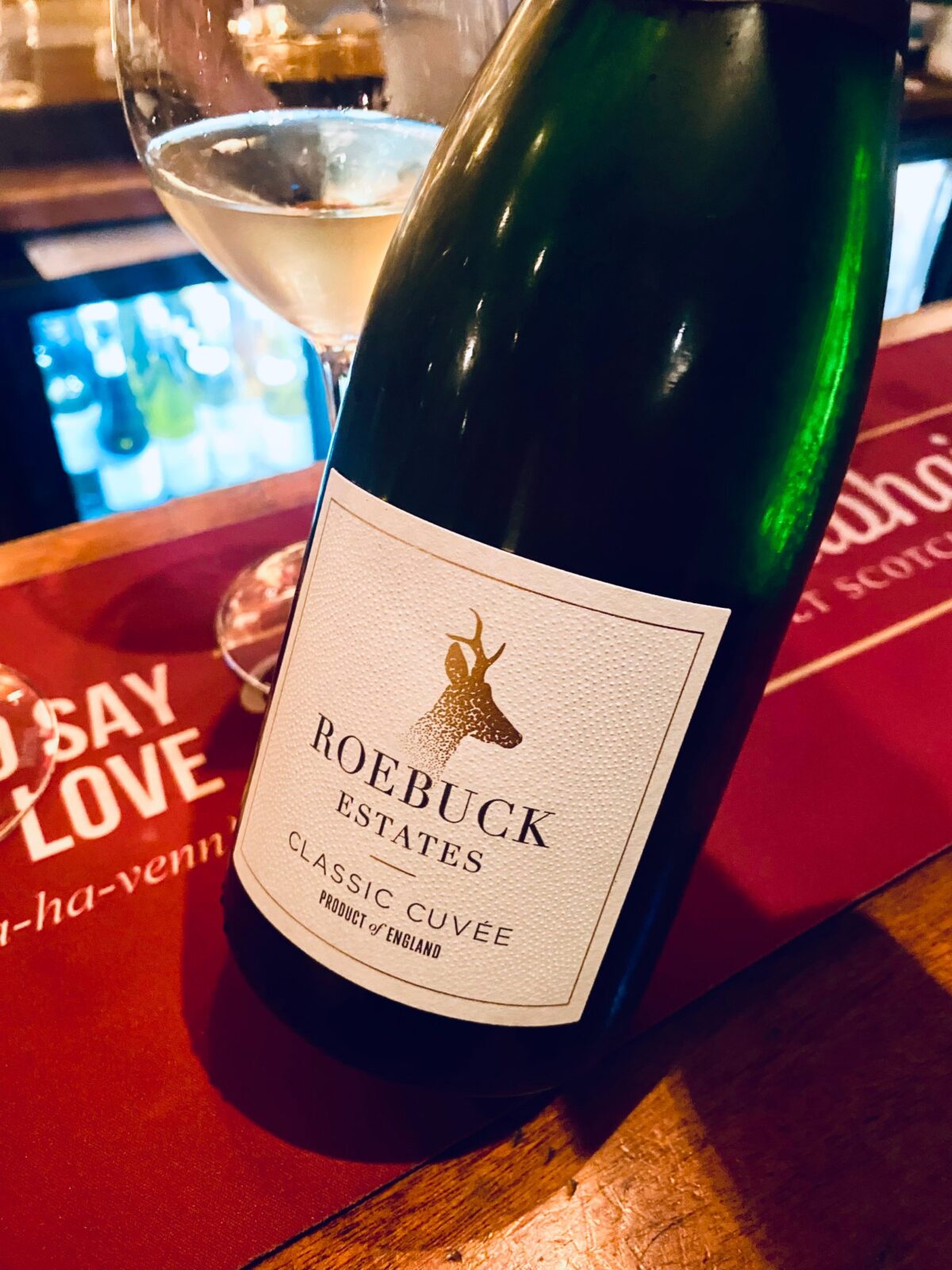 Close-up of Roebuck Estates Classic Cuvée at The Wee Whisky Bar, Ubiquitous Chip.