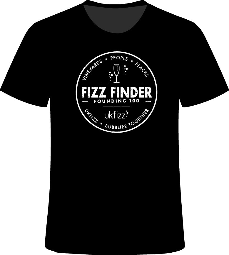 Black Founding 100 Fizz Finder T-shirt with the white UKFizz circular design