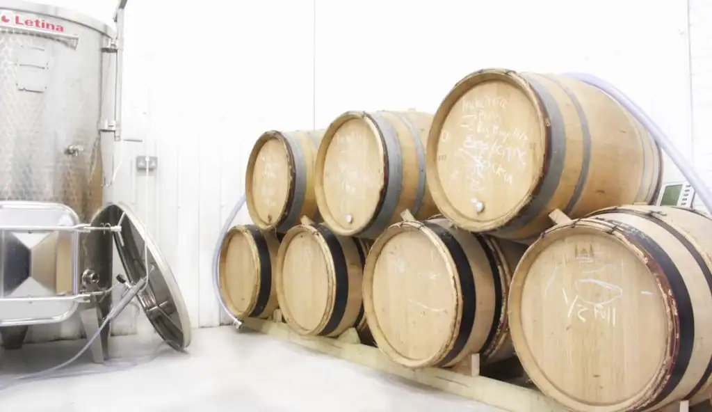 Wine barrels inside Blackbook Winery in Battersea