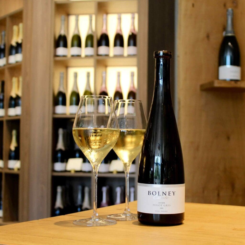 Bolney Estate Pinot Gris 2023 bottle with two glasses