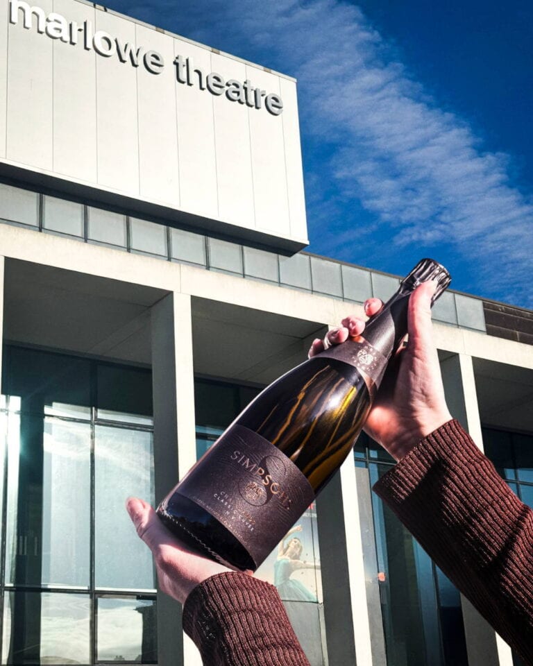 Simpsons Chalklands sparkling wine outside The Marlowe Theatre in Canterbury